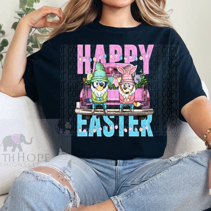 FaithHopeFashionsLLC - Wholesale Screen Printed T-Shirt - Women's - Happy Easter Bluey Shirt