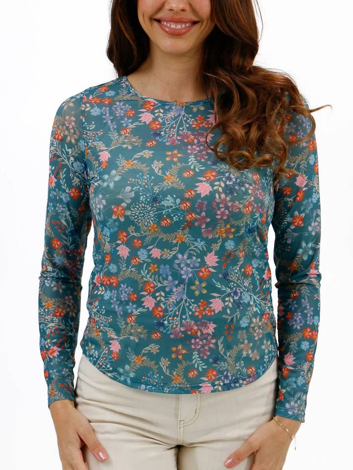 Scoop Neck Floral Mesh Top in Wild Flower for wholesale by Grace and Lace