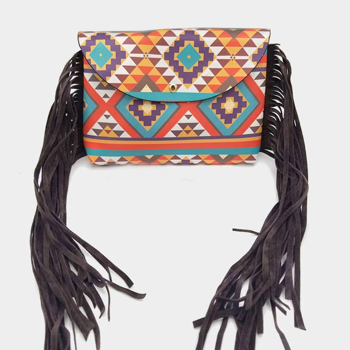 Boho Patterned Faux Leather Suede Tassel Crossbody Bag for wholesale by Sensibling Corp.