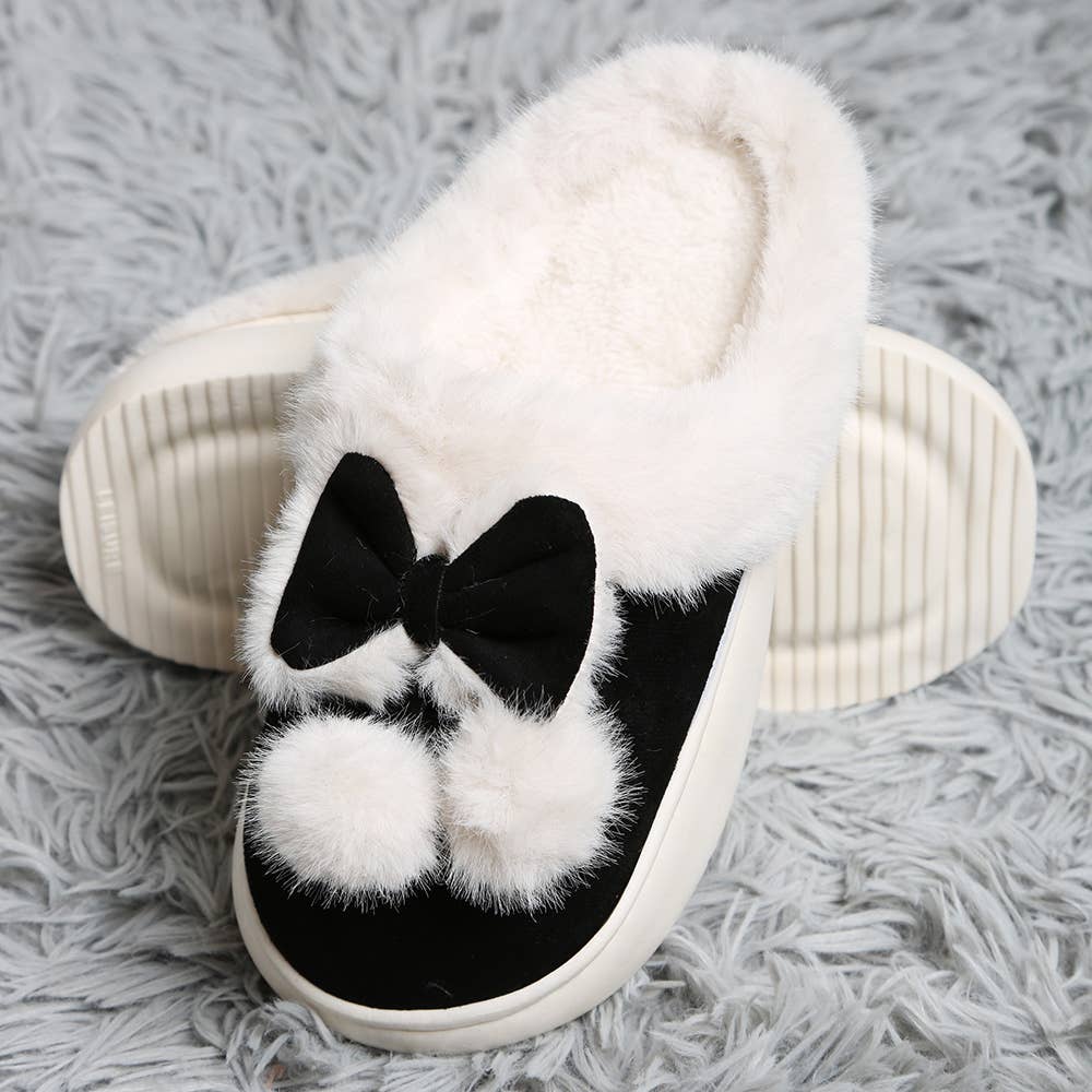 Sensibling Corp. - Wholesale Slippers - Women's - Bow Pom Pom Pointed Faux Suede Indoor Floor Slippers0