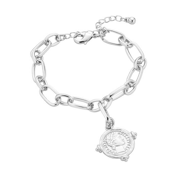 Bracciale a catena in argento opaco con ciondolo a forma di moneta per la vendita all'ingrosso da parte di What's Hot