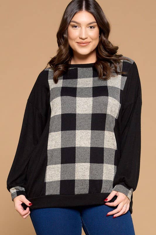 Grey Black ETK-8321-PL Plus Size Buffalo Plaid Tunic Top for wholesale on Faire