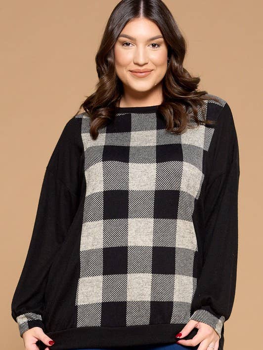 ETK-8321-PL Plus Size Buffalo Plaid Tunic Top for wholesale by Emerald Collection