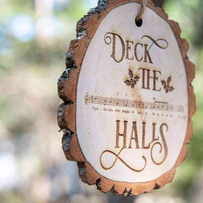Deck the Halls Sheet Music Rustic Live Edge Wood Slice Christmas Ornament for wholesale by Wimberley Puzzle Company