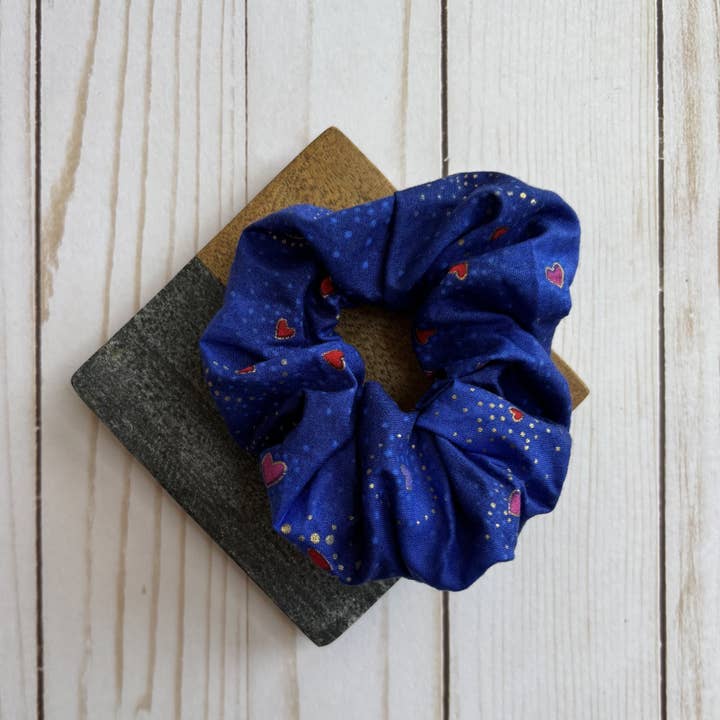 Blue with Hearts and Sparkles Valentines Handmade Scrunchie for wholesale by QuietJoy