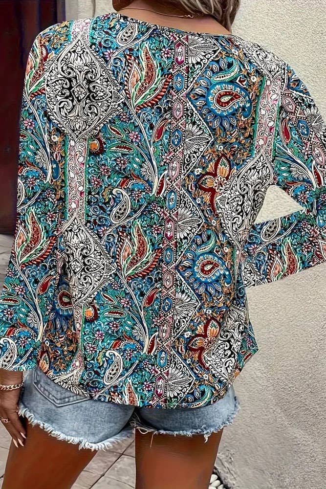 Multi V Neck Long Sleeves Paisley Printed Top ZK1765 for wholesale on Faire3