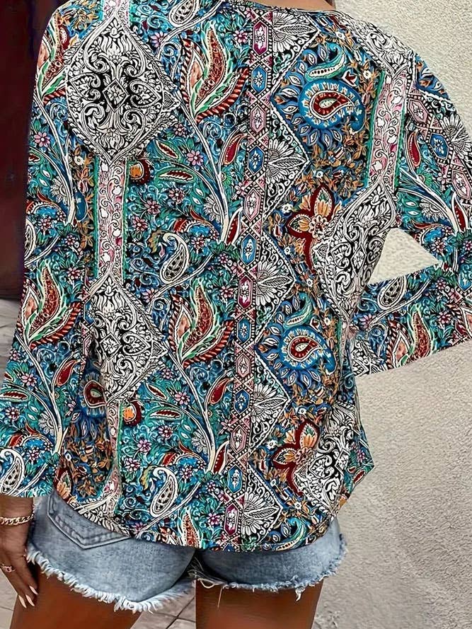 Multi V Neck Long Sleeves Paisley Printed Top ZK1765 for wholesale on Faire3