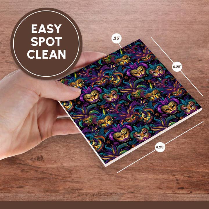 3dRose - Wholesale Coffee mug - 3dRose, Pattern of Oriental Mardi Gras masks of yellow color, purple feathers, Coaster6