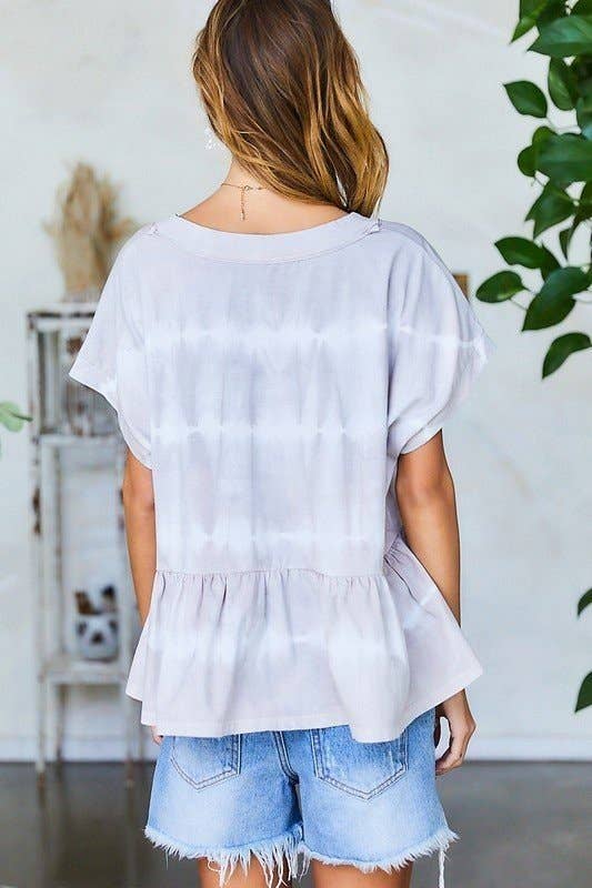 GREY V Neck Drop Shoulder Baby Doll Tie-Dye Top for wholesale on Faire2