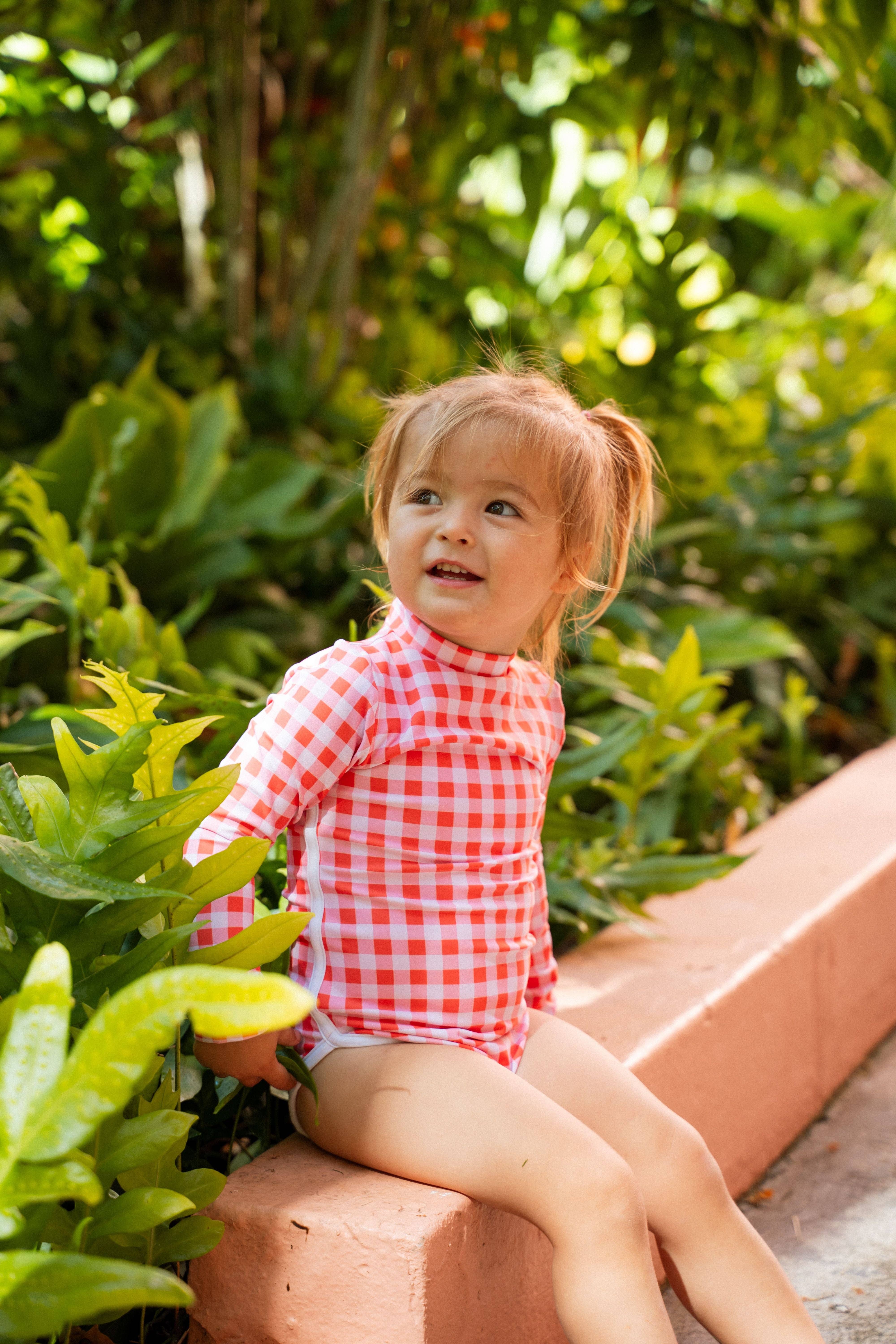 Li Hing Lola One Piece Kids Swimsuit - Guava Gingham for wholesale on Faire1