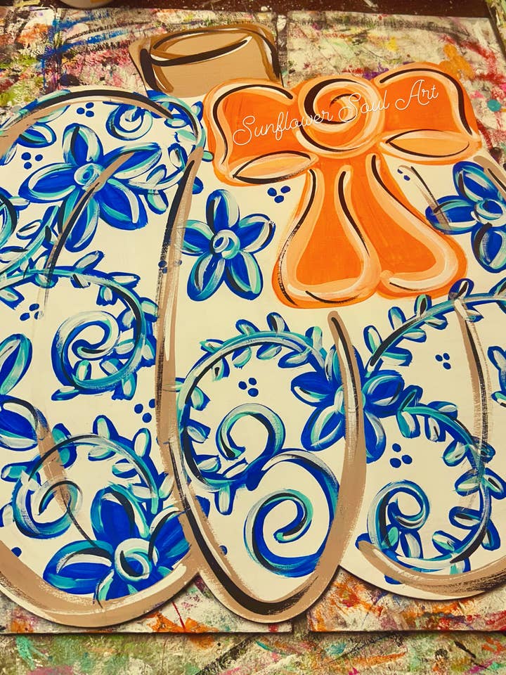 Chinoiserie (blue and white) pumpkin with orange bow, door hanger, 18” for wholesale by Sunflower Soul Art