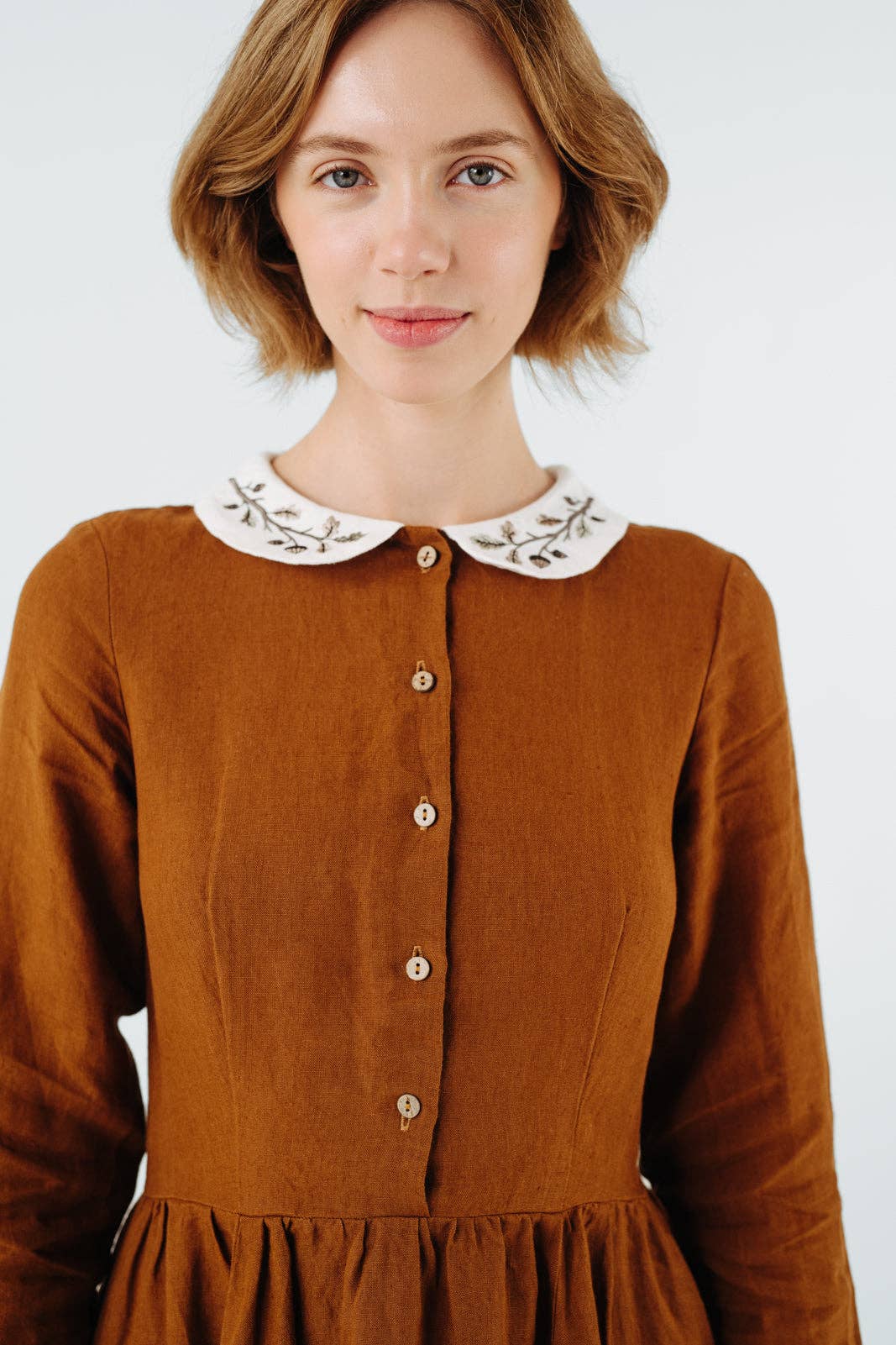 Son de Flor - Wholesale Dress - Women's - Classic Dress with Embroidered Hazelnut Collar, Long Sleeve20