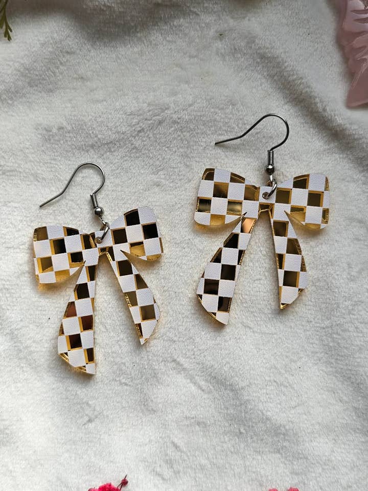 Gold Mirror Checkered Bows for wholesale by Fallen Pine Studio