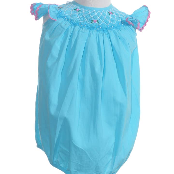 Blue Geo Smocked With Flowers Angel Wing Sleeve Bubble for wholesale by Hello Bebes!
