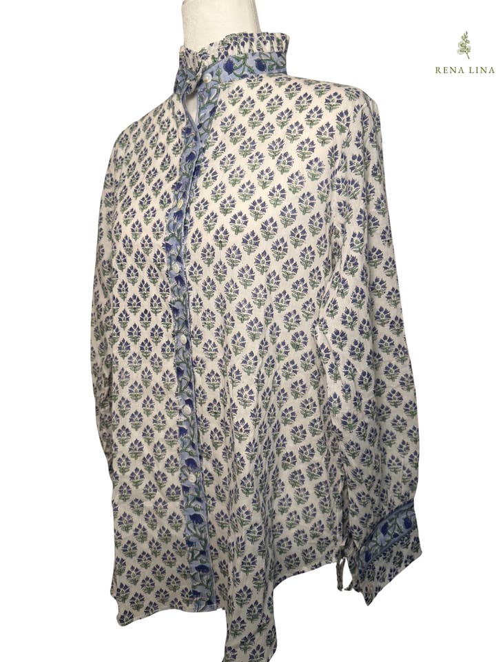 Blue & Green Small Floral Block Print Cotton Blouse with Ruf for wholesale by Rena Lina