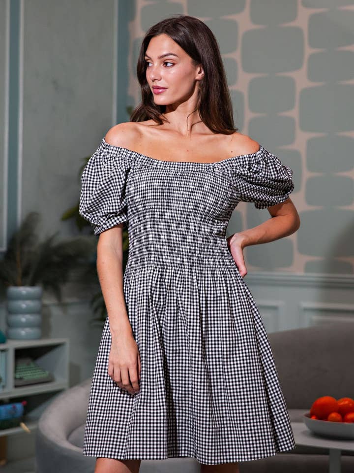 PORSHA - Vente Robe – femme - Robe midi à smocks en vichy3