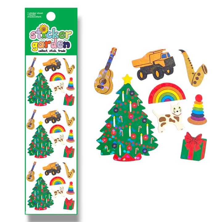 Speckled Christmas Tree and Toys Kids Sticker Sheet 2025 for wholesale by Sticker Garden
