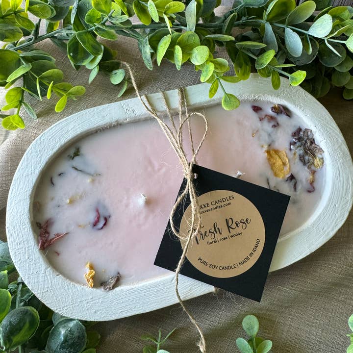 Fresh Rose Candle in Hand-Carved Bowl | Organic Soy Candle for wholesale by LUXXE Candles