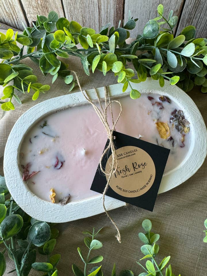 Fresh Rose Candle in Hand-Carved Bowl | Organic Soy Candle for wholesale by LUXXE Candles