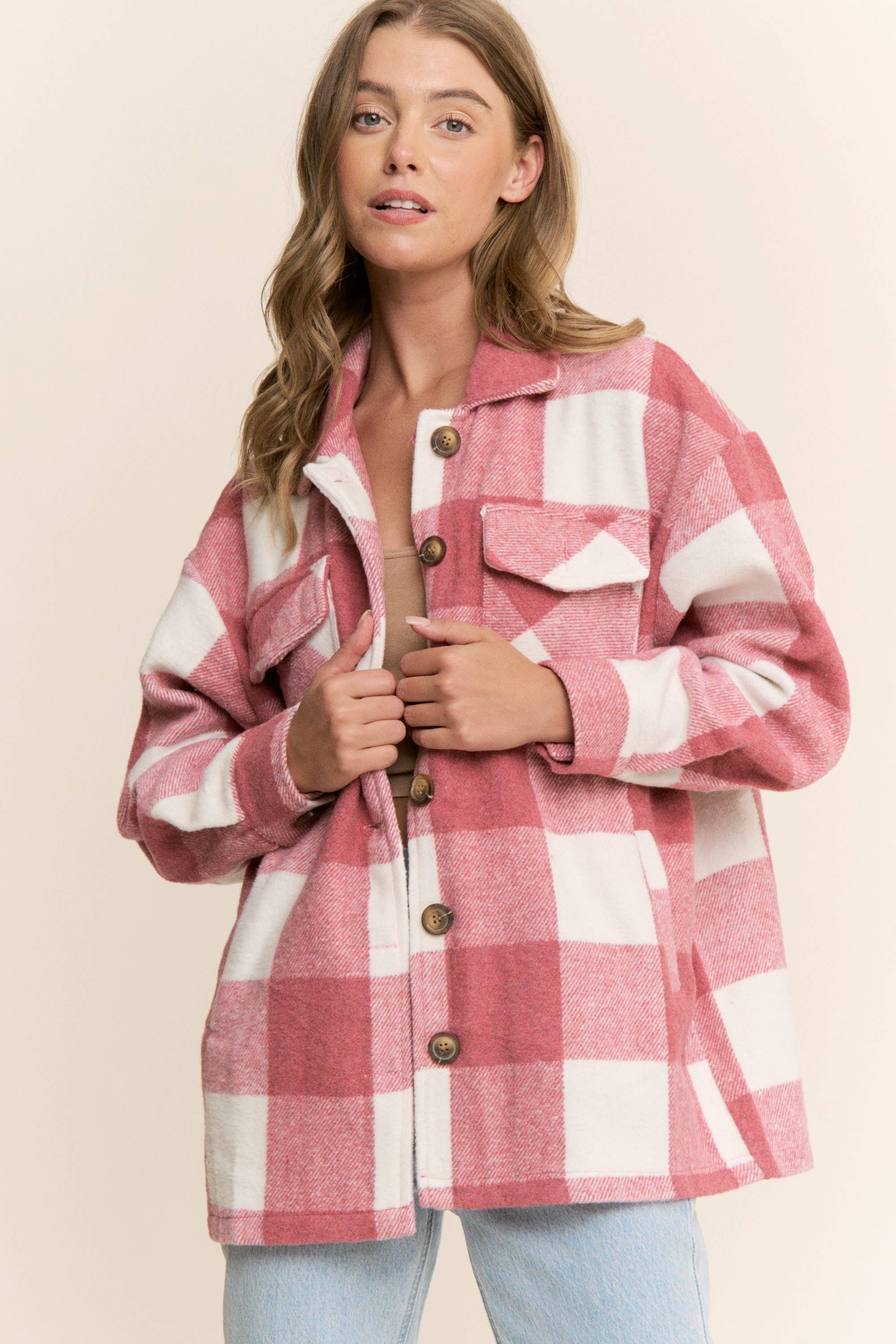 Sweet Generis - Wholesale Shirt Jacket/Shacket - Women's - FUZZY PLAID BUTTON DOWN FLANNEL SHIRT JACKET46
