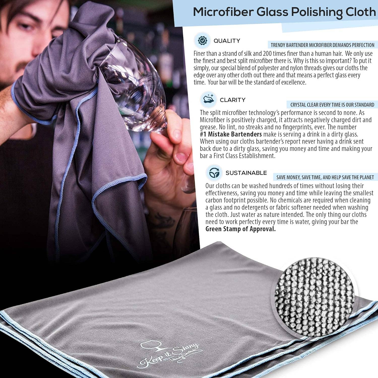 Trendy Bartender - Wholesale Bar Tool - microfiber glass cleaning cloth 30"x30" inch commercial size gray2