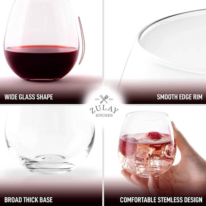 Zulay Kitchen - Wholesale Wine Glass - 14.5 oz Stemless Wine Glasses Set - Heavy Base