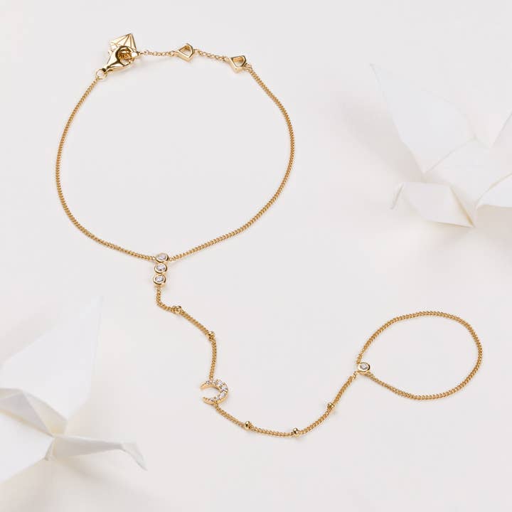 Crescent Pave 14K Gold Vermeil Hand Chain for wholesale by Wanderlust + Co