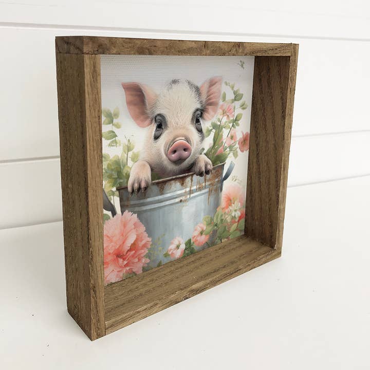 Hangout Home – wholesale Sign – Black White Pig in Tub - Cute Framed Animal Art - Farmhouse
