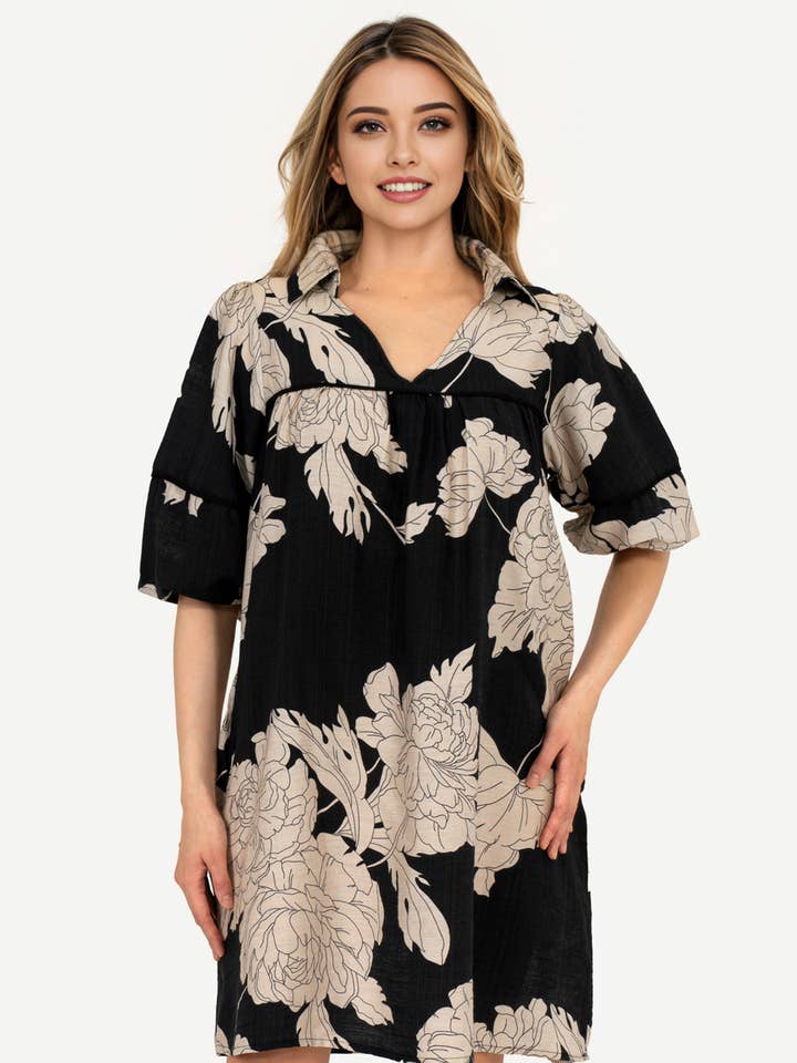 Mbd-9747 Flowy Floral 3/4 Sleeve Dress with Collar Black for wholesale by Pixi + Ivy