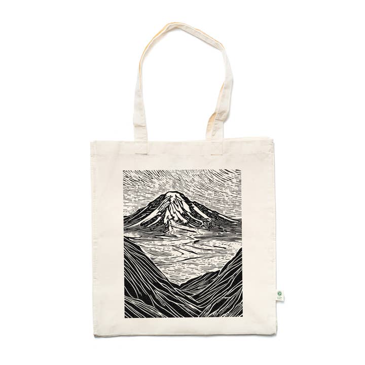 MT Rainier Printed Organic Cotton Tote Bag for wholesale by Our Wild Puget Sound