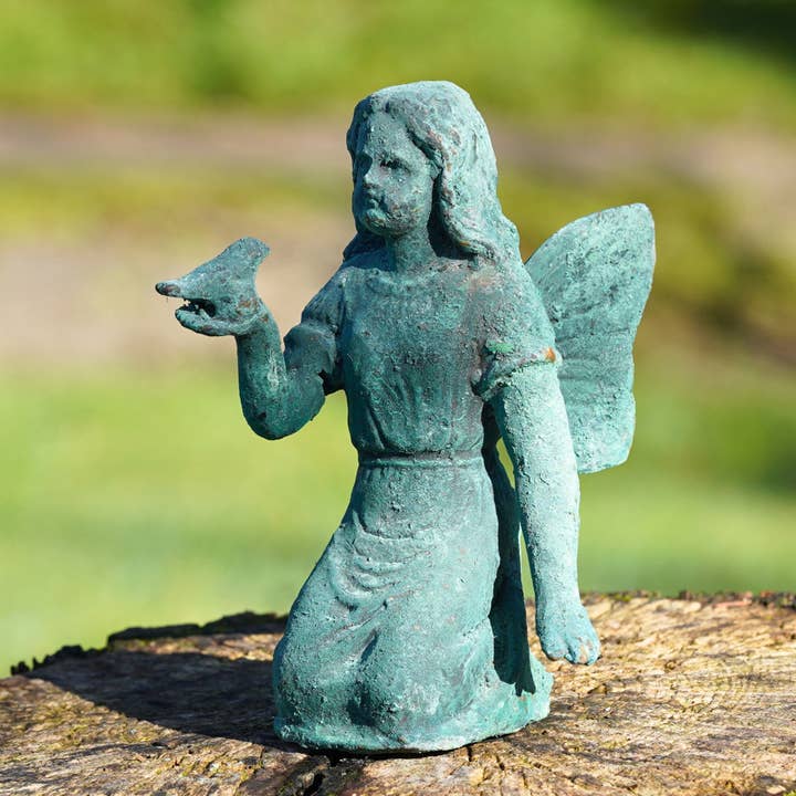 Cast Iron Sitting Fairy Statue Antique Verdigris Home Garden for wholesale by Vale Ornaments