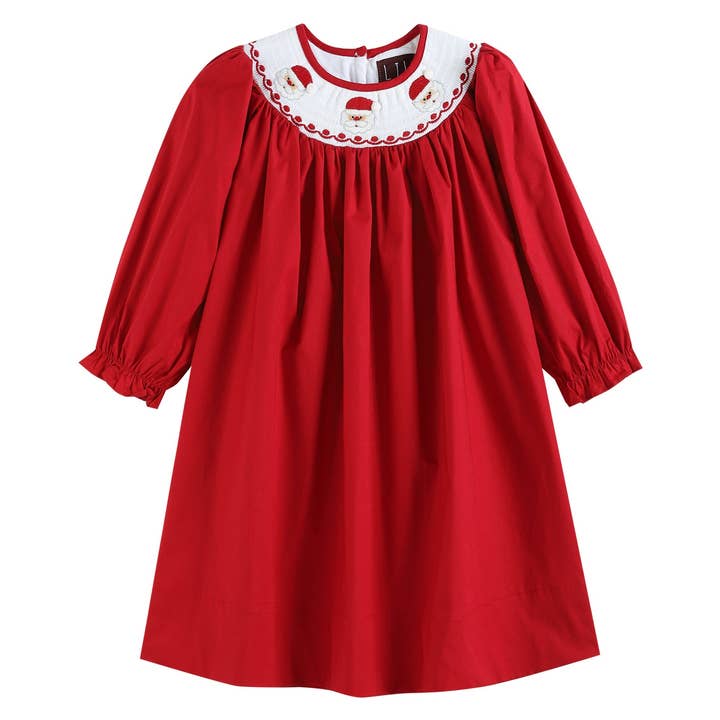 Red Poplin Santa Long Sleeve Smocked Bishop Dress for wholesale by Lil Cactus