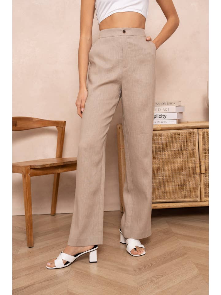 Attentif Paris - Venta al por mayor Pantalones - Mujer - Pantalón recto liso de lino de calidad superior17
