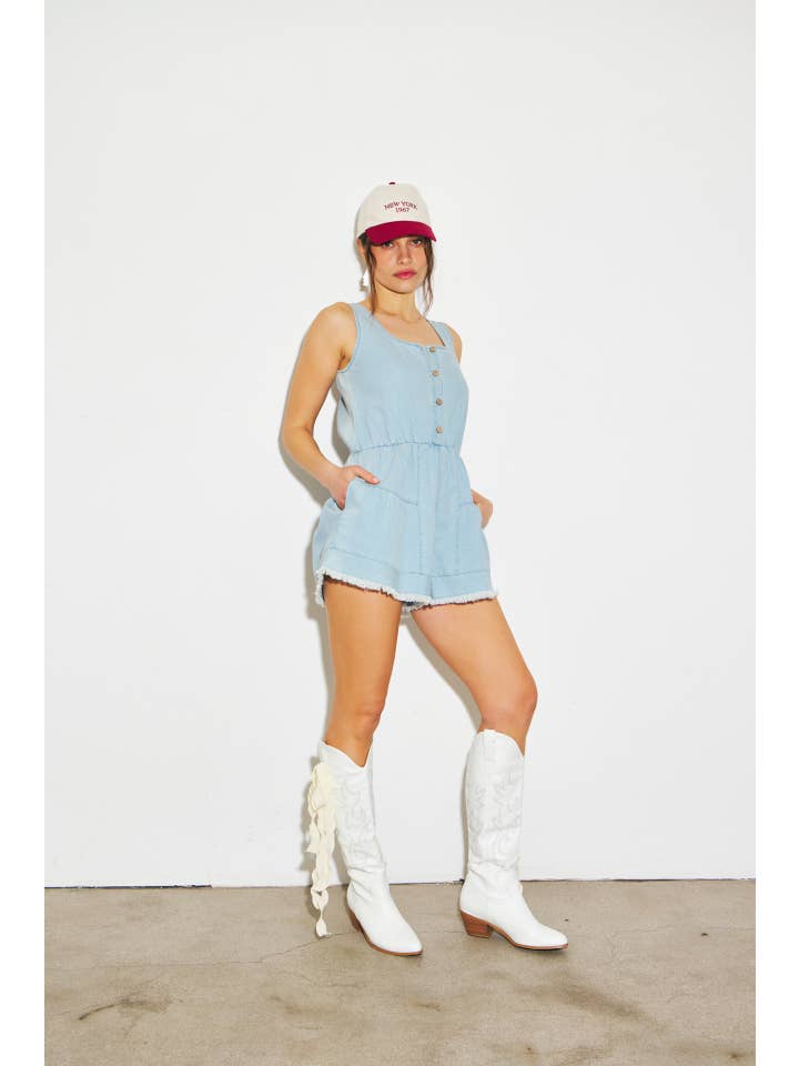 WASHED DENIM ROMPER WITH DISTRESSED DETAILING for wholesale on Faire