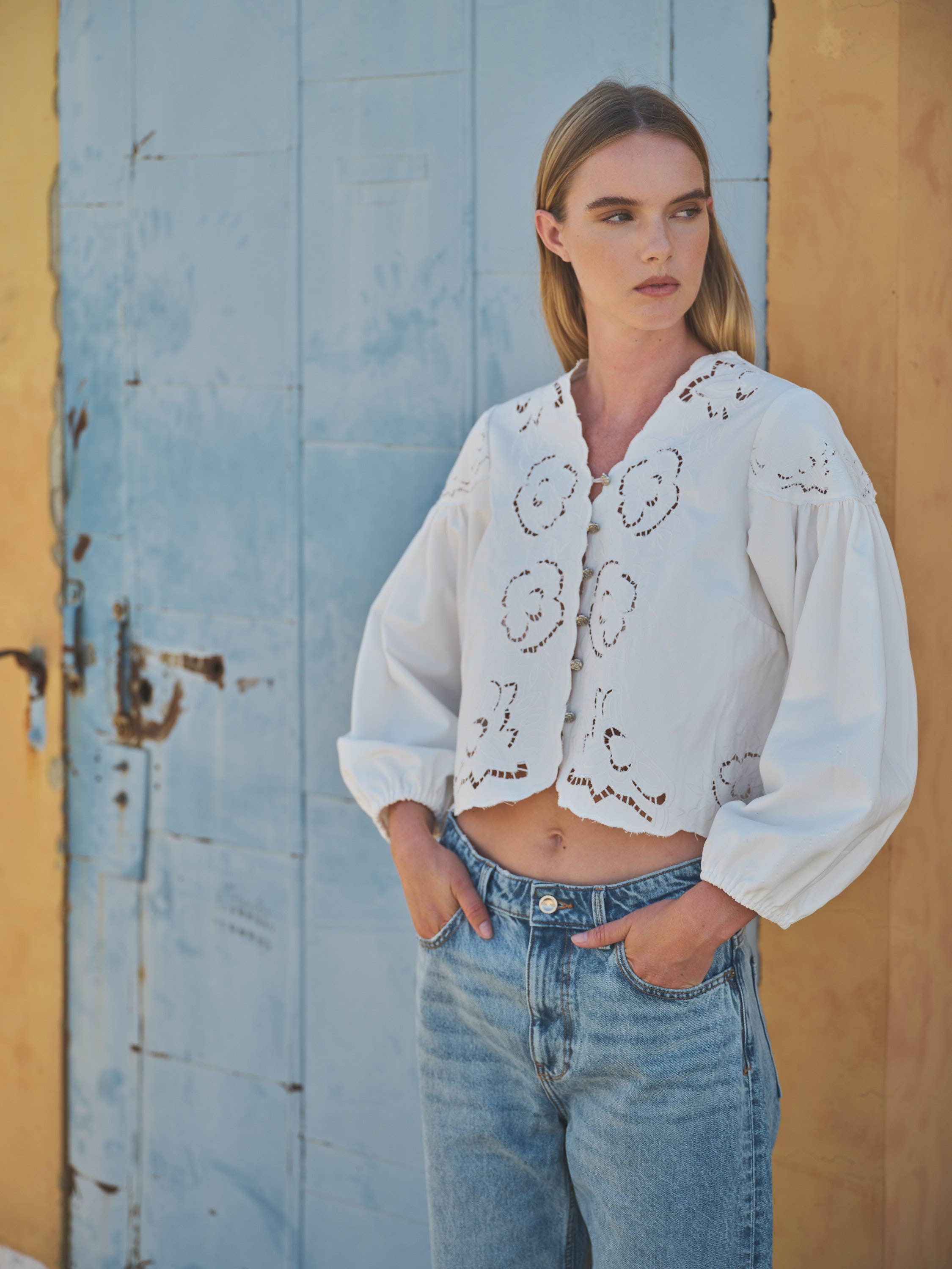 Aaron & Amber - Wholesale Blouse - Women's - MAT2892 DENIM EMBROIDERY VOLUME SLEEVE BLOUSE TOP7
