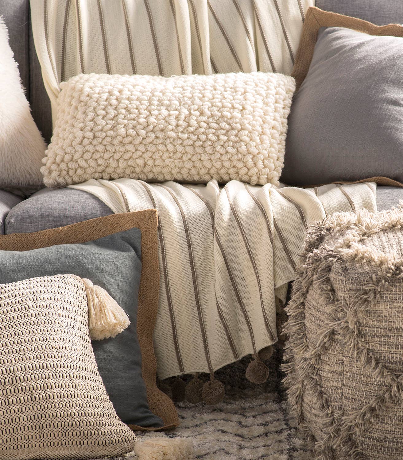 Fennco Styles - Wholesale Throw Blanket - Ivory Pom pom Striped Woven 50"x60" Throw Blanket4