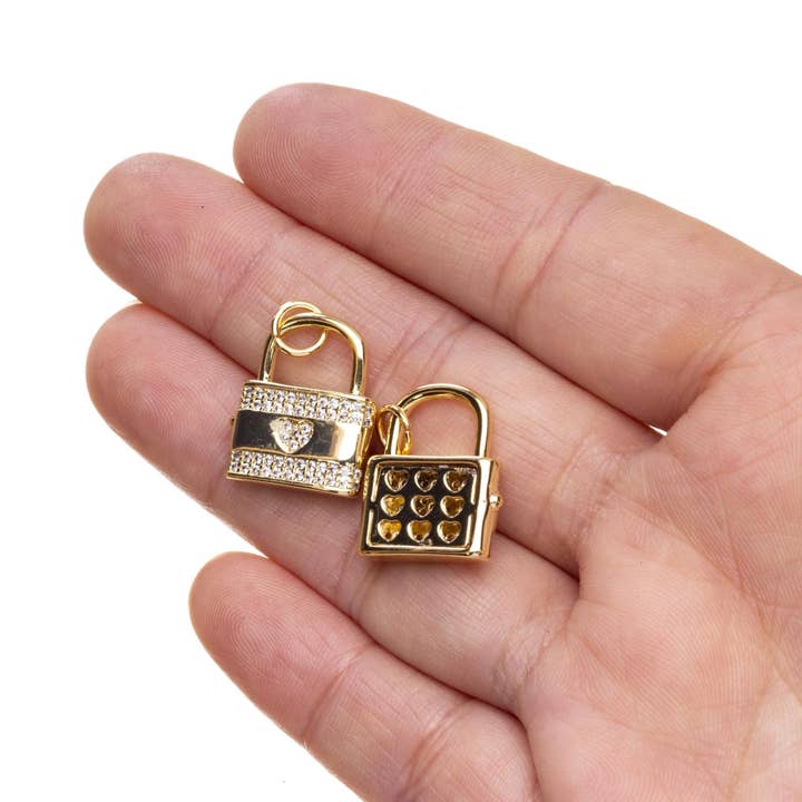 Jewel Pledge - Wholesale Individual Charm/Pendant - 18k Gold/Silver CZ Lock & Heart Charm Pendant Set CPG23644