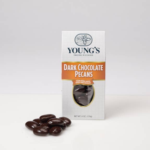 Double Dipped Dark Chocolate Pecans 6 oz Box for wholesale by Young’s Premium Foods