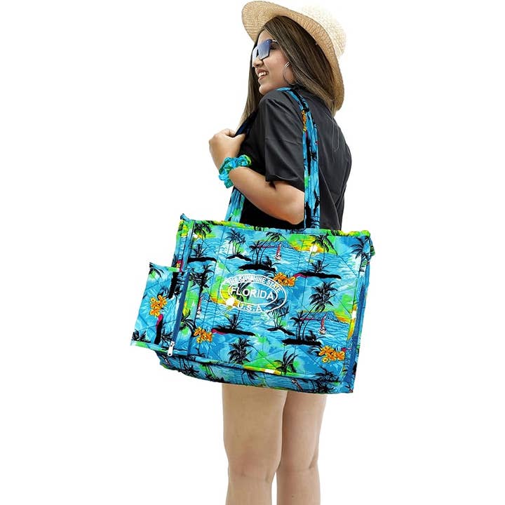 LA LEELA \ HAPPY BAY - Wholesale Beach Bag - Beach Pool Tote Bag + Purse + Beach Wrap Palm Blue P04688