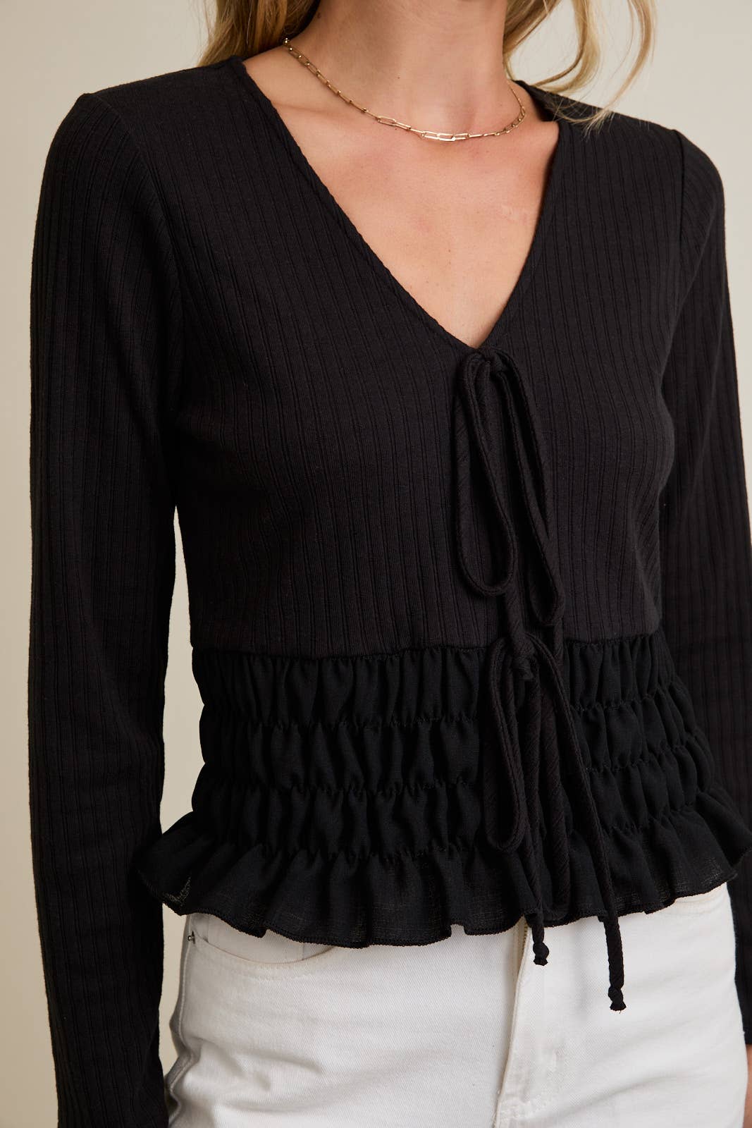 Black V-NECK FRONT TIE LONG SLEEVE TOP for wholesale on Faire4