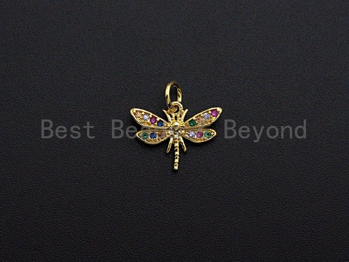 BestBeads&Beyond - Wholesale Individual Charm/Pendant - Colorful CZ Micro Pave Dragonfly Shape Pendant,Cubic Zirconia Dragonfly Charm, Gold Tone, 12x16mm,sku#Z7391
