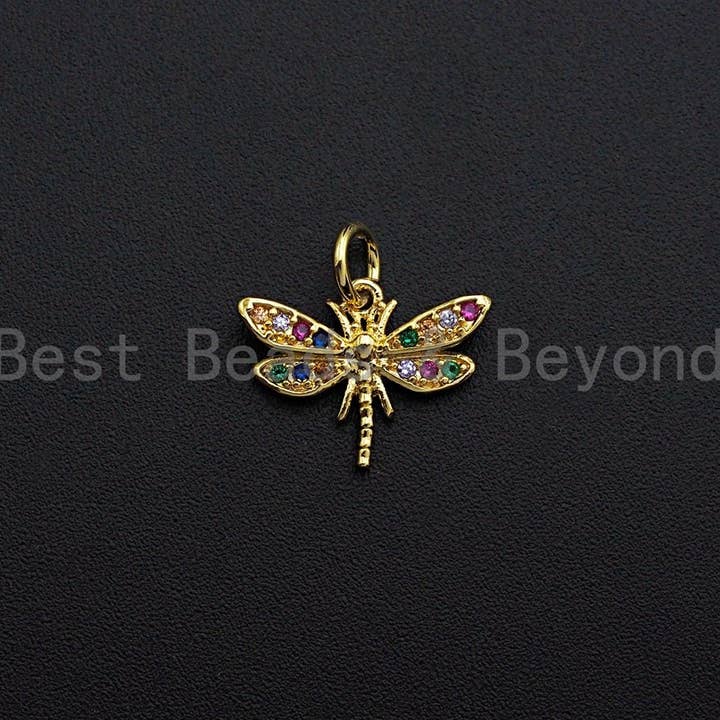 BestBeads&Beyond - Wholesale Individual Charm/Pendant - Colorful CZ Micro Pave Dragonfly Shape Pendant,Cubic Zirconia Dragonfly Charm, Gold Tone, 12x16mm,sku#Z7391