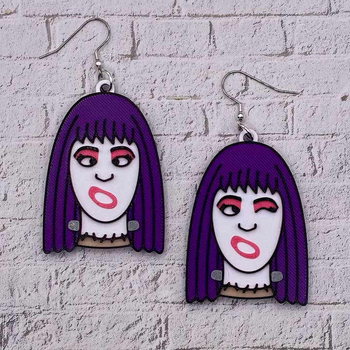 Frankenhooker Horror Statement Earrings 3D Printed for wholesale by Cryptid Craft Studio