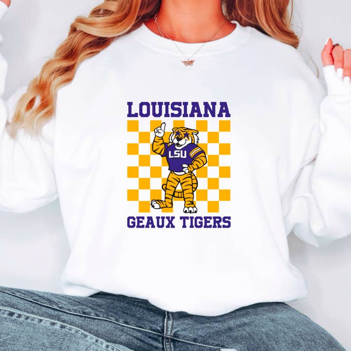 LSU Tigers Checker Crewneck Sweatshirt for wholesale by Gia Gifts Boutique