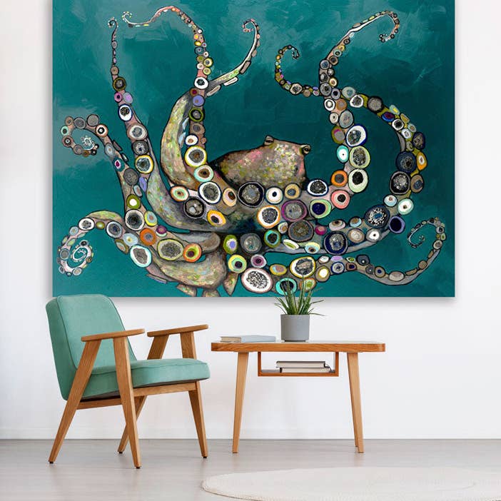 Octopus in the Deep Teal Sea Canvas Wall Art for wholesale by GreenBox Art