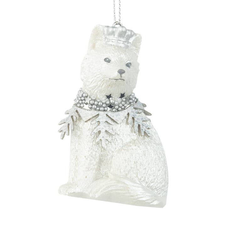 G79604: Pearl wht rsn arctic fox orn,slv bead,brnch colr,3in for wholesale by Silver Tree Home & Holiday