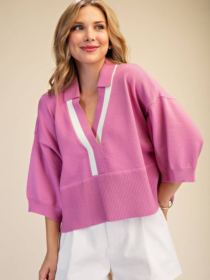 Collar With Contrast Trim Loose Fit Dropped Shoulder Sweater for wholesale by Glam