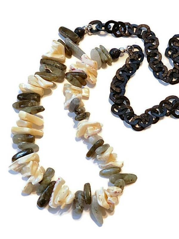 Pearl Nuggets and Labradorite Gemstone Bib Necklace for wholesale by Earth Accents Jewelry