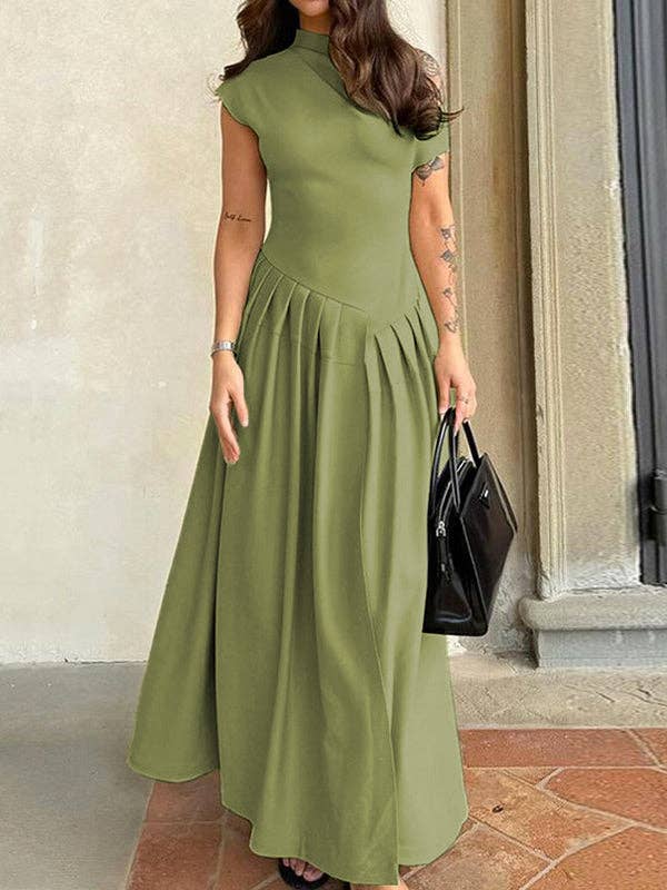 Sheer Trend - Wholesale Dress - Women's - Short Sleeves Asymmetric Pleated Solid Color One-Shoulder Midi Dresses3
