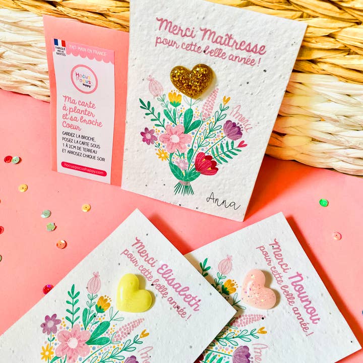 Plantable card Thank You Teacher + heart resin pin for wholesale by Hocus Pocus Happy